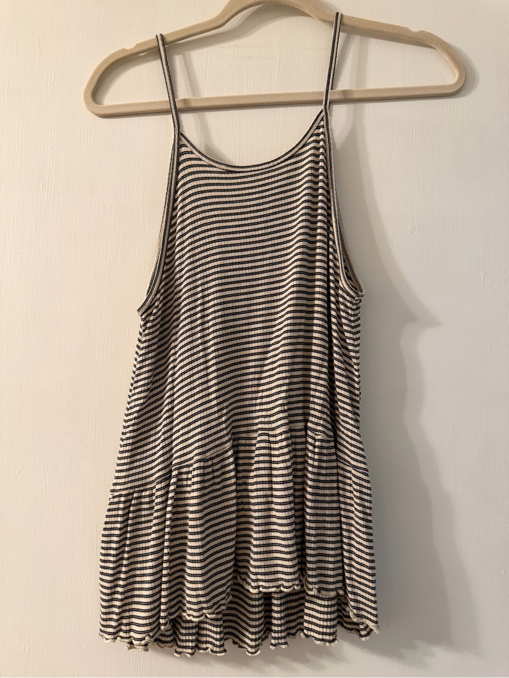 American Eagle Black and Cream Striped Ribbed Tank